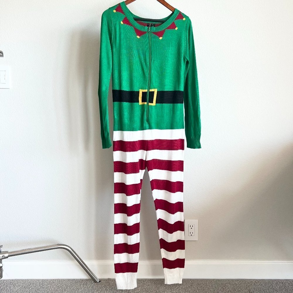 Red & Green Ugly Christmas Holiday Elf Knit Sweater Onesie Jumpsuit